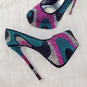 Ying Yang Black Multi Color Black Purple Teal Rhinestone Sexy Platform Pumps